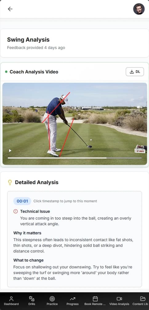 Golfr video analysis example with an annotated golf swing and written coaching feedback