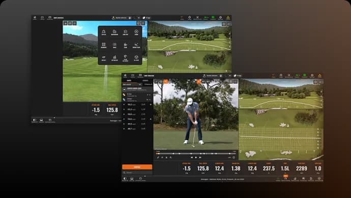 Illustrative TrackMan software showing swing video, ball-flight tracers and shot metrics